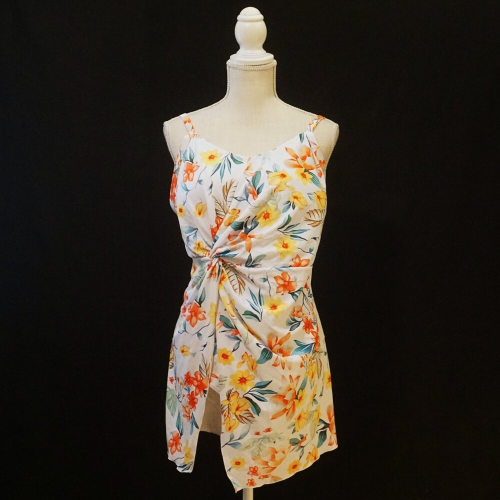 Beautife 1 Piece Swim Dress White Floral Print with Side Slit Twisted Knot XXL